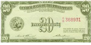 PI-130b RARE Central Bank of the Philippines 20 centavos note in series, 1 - 3. Banknote