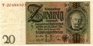Berlin 30 Aug 1924
20Rm Brown/Green
Seal Black with a white control seal a 'D'
Front Serial # above Value, 2/3 frame, Value above date, Values above Mans Head
Rev Cherubs each side of Man holding Hammer, Value above & below Cherubs  2/3 frame
Watermark Mans Head Banknote