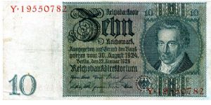 Berlin 30 Aug 1924 
10Rm Green
Seal Green & a 'F'
Front Serial # above Value, 2/3 frame, Value above date, Values above Mans Head 
Rev Cherubs each side of Girl holding Sickle, Value above & below Cherubs  2/3 frame
Watermark Mans Head Banknote