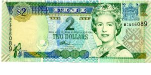 $2 2002
Green/Blue/Ocher
Value above bird, value in center, HRH State Arms
Rev Fiji above value, Native Fijians, Value above flowers
Security Thread
Watermark Natives head Banknote