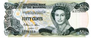 $1/2  1984
Gray/Yellow/Brown/Blue
Governor W C Allan
Front Value in corners, Baskets, Map of the Islands, HRH
Rev Lady fruit seller in center, State Arms, Value in top corners
Security Thread
Watermark Ship Banknote