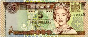 $5 2002 
Brown/Blue/Green
Front Bunedamu, Value, HRH, Coat of Arms
Rev Nadi International Airport
Security thread
Watermark Fijian Native's Head Banknote