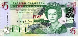 $5 2003 
Multi
Governor K D Venner
Front Fish, Turtle,HRH EII 
Rev Admiral House Antigua & Barbuda, Gold fish over map, Trafalgar falls
Security Thread
Watermark Queens Head Banknote