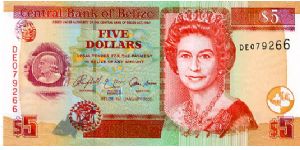 $5 1 Jan 2005
Red/Carmine/Orange
Front Thomas Potts, Coat of Arms, Fish, HRH
Rev Mahogany tree, Black orchid, toucan, Baird's tapir, Collage of scenes from St George's Caye prior to 1931
Security thread
Watermark Sleeping Giant Banknote