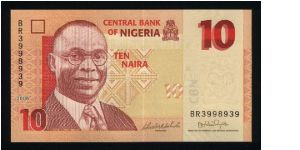 10 Naira.

A. Ikoku at left on face; two women with bowls on heads at center right on back.

Pick #NEW Banknote