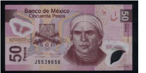 50 Pesos.

Polymer Issue.

J. M. Morelos at right, crossed cannons on outlined bow and arrow below his flag at left center on face; butterflies and fortress bridge at center on back.

Pick #NEW Banknote