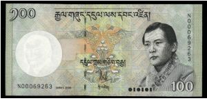 100 Ngultrum.

Reduced Sizes.

King Jigme Singye Wangchuk at right on face; Tashichho Dzong palace at center on back.

Pick #NEW Banknote