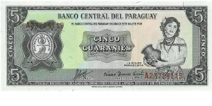 5 Guaranies, Paraguay. The only date on this claims 1952, but I was told this is from the 1963 series. Banknote