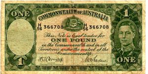 AUSTRALIA 
£1 1938/40s
Green
Armitage
McFarlane 
Front Value, Coat of Arms above value, George VI
Rev Value, Sheep shearing
Watermark Head of Capt Cook Banknote
