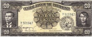 PI-137b Rare English series 20 Pesos note with signature group 2, prefix Y Banknote