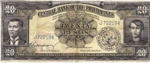 PI-137b English series 20 Pesos note with signature group 2, prefix J. Banknote
