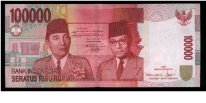 100,000 Rupiah.

Soekarno and Hatta at center on face; Parliament building at center on back.

Pick #144 Banknote