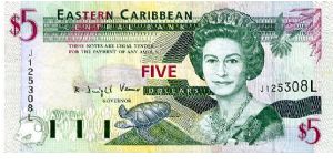 1994 $5 St Lucia 
Green/Purple
Governor K D Venner
Front Fish, Turtle,HRH 
Rev Admiral House Antigua & Barbuda, Gold fish over map, Trafalgar falls
Security Thread
Watermark Queens Head Banknote