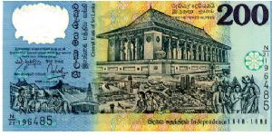 Sri Lanka Polymer 
200 Rupees 02/04/98
Blue/Yellow
50th Anniversary of Indipendence
Minister of Finance - C Kumaratunga (Prime Minister also)
Governor of Bank - A. Jayawardena.
Front See through window with heraldic lion, Bandaranaike Memorial International Conference Hall, scene's showing modern progress
Rev Temple of the Tooth at Kandy, Anciant historical scene's Banknote