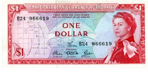 East Carribean Currency Authority

$1 1965/85  (Barbados?)
Red/Blue/Purple
Chairman ?
3 Directors
Front Map, Geometric design with value above a fish, Young QEII
Rev A town by the coast
Security Thread
Watermark Queens Head Banknote