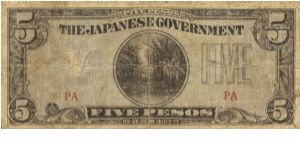 PI-107a Buff paper, Philippine 5 Pesos note under Japan rule, block letters PA. Banknote