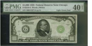 RARE 28 LIGHT GREEN SEAL!!

1000 dollars

1928 LGS CHICAGO 

S/N:G00113671A

FR. 2210-G 

Bid Via Email Banknote