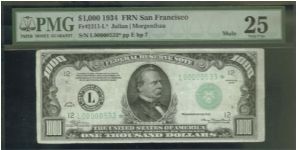 Always buying High Denomination Notes. Please offer!!

1934 
US$1000 dollars 

SAN FRANCISCO STAR NOTE 

S/N:L00000533*

Bid Via Email Banknote