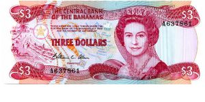 Bahamas
$3 1974 
Purple/Yellow/Blue
Governor W C Allan
Front Value in corners, People on beach, Map, HRH
Rev Value top Corners, Sailing boats, Coat of Arms Banknote