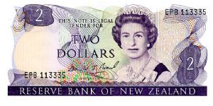 New Zeland
$2 1988/92 
Mauve/Green/Pink
Governor D. T. Brash
Front Geometric pattern, QEII
Mistletoe & Rifleman Bird
Security Thread
Watermark Capt Cook's Head Banknote
