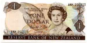 New Zeland 
$1 1988/92
Brown/Green/Yellow
Governor D. T. Brash
Front Geometric pattern, QEII
Rev Clematis & Fantail Bird 
Security Thread
Watermark Capt Cook's Head Banknote