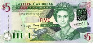 Antigua 
$5 2003
Multi
Governor K D Venner
Front Fish, Turtle,QEII, Silver foil fish & ECCB 
Rev Admiral House Antigua & Barbuda, Gold fish over map, Trafalgar falls
Security Thread
Watermark Queens Head Banknote