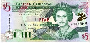 Montserrat
$5 2000    
Multi
Governor K D Venner
Front Fish, Turtle, QEII, Silver foil fish 
Rev Admiral House Antigua & Barbuda, Gold fish over map, Trafalgar falls
Security Thread
Watermark Queens Head Banknote