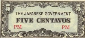 PI-103 Philippine 5 centavos note under Japan rule, block letters PM. Banknote