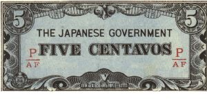 PI-103b Philippine 5 centavos note under Japan rule, fractional block letters P/AF. Banknote