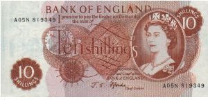 10 Shillings (1/2 Pound).  
Elizabeth II on front; Britania seated on back Banknote