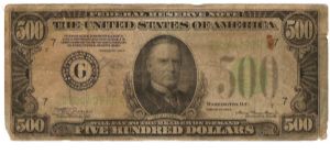 $500 Federal Reserve Note.(Chicago) Wm McKinley on front. Banknote