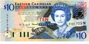 East Caribbean States 

Montserrat 
$10 2003
Governor K D Venner
Front Fish, Turtle, Goverment House, QEII, Silver foil fish & ECCB  
Rev Admiralty Bay, Map, The Warspite, Pelican in flight,  fish
Security Thread
Watermark Queens Head Banknote