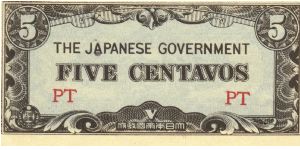 PI-103a Philippine 5 centavos note under Japan rule, block letters PT. Banknote