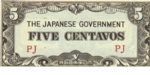 PI-103a Philippine 5 centavos note under Japan rule, block letters PJ. Banknote