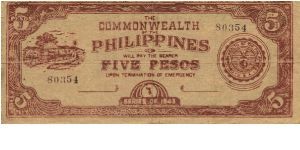 S-408c Leyte 5 Pesos note on dark brown paper. Banknote