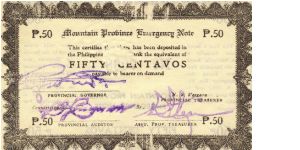 S-594a Mountain Province 50 centavos note, first two lines of text same length. Banknote