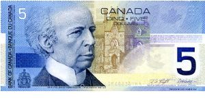 $5 27 Mar 2002  
Blue/Olive
Deputy Governor M.D. Knight 
Governor D.A. Dodge
Front Sir Wilfrid Laurier, West block of Parliament
Rev Children  Sledging & playing Ice Hockey 
Security Thread
Watermark Sir W Laurier Head Banknote