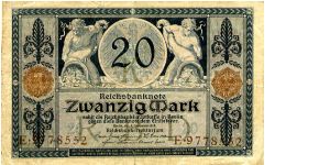 Germany 
20M Berlin 4 Nov 1915
Blue
2 Brown Seals
Front Allagorical horns of pleanty each side of German Eagle
Rev Man & woman each side of value
Watermark Yes Banknote