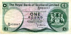 Royal Bank of Scotland Limited
£1 3 May 1977
Green/Pink
Managing Director J B Burke
Front Coat of arms to right
Rev Edinburgh Castle
Security thread
Watermark Lord Ilay Banknote