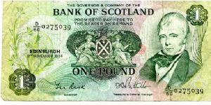 Bank of Scotland £1 9 Nov 1984
Green/Pink 
Governor T N Risk
Treasurer & General Manager D B Pattullo
Front Banks Arms in center & Sir Walter Scott to the right
Rev Shield & Thistles flanked by ship & Pallas emblem
Security thread Banknote