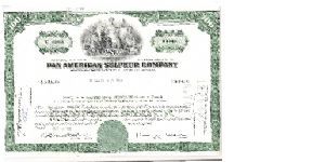 PAN AMERICAN SULPHER COMPANY
100 SHARES
#NC139931

8 X 12 In size

PRINTED BY THE AMERICAN BANK NOTE COMPANY Banknote