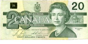 $20 29 Jun 93
Olive
Governor G.G. Thiessen
Deputy Governor B. Bonin
Front Value, Coat of Arms, QEII, 
Rev Common Loon
Note seems to be miscut Banknote