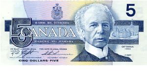 $5 1986 
Blue
Governor G.G. Thiessen
Deputy Governor M D Knight
Front Portrait of Sir Wilfrid Laurier
Rev Belted Kingfisher Banknote
