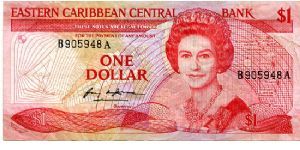 Antigua
$1 1985/88 
Red/Green/Ocher
Governor Sir Cecil Jacobs 
Front Geometric design, QEII, Map 
Rev A town by the coast
Security Thread
Watermark Queens Head Banknote