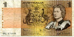 $1 1976 
Ocher/Pink/Green
Governor Robert Johnston.
Sec Treasury John Stone
Front Value, Coat of Arms, HRH Elisabeth II
Rev Aboriginal drawings
Security Thread
Watermark Mans Head Banknote