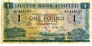 Ulster Bank Ltd
£1 1 Mar 73
Blue
Chief Exceutive R W Hamilton
Front Ulster landscape each side of Belfast Harbour
Rev Coats of arms in corners value & Bank coat of arms in center
Watermarked Ulster Bank Banknote