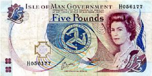 £5 1992
Blue/Purple
Chief Finacial Officer Cashen
Front Celtic cross, Trikelion in center, EII
Rev Castle Rushen 
Security thread
Watermark Trikelion Banknote