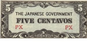 PI-103a Philippine 5 centavos note under Japan rule, block letters PX. Banknote