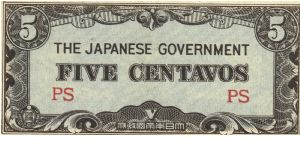PI-103a Philippine 5 centavos note under Japan rule, block letters PS. Banknote