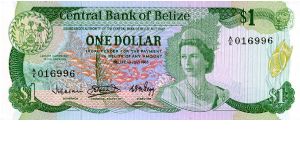 $1 1983 
Green/Pink
Front Coat of Arms, Coral & fish, QEII, Mayan symbol above fish
Rev Fish, Lizard, House of Representatives, Stork
Security thread
Watermark yes Banknote